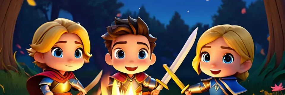 Three young heroes, two with swords, stand together at night.