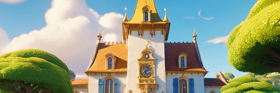 A grand town hall with a clock tower on a sunny hill.