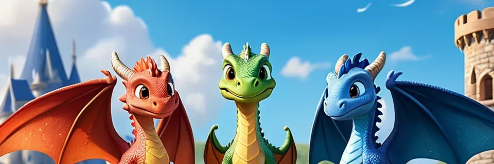 Three baby dragons, red, green and blue, in front of castle towers.