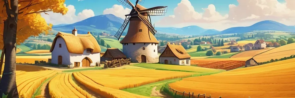 Golden wheat fields, a thatched farmhouse and a windmill under a blue sky.