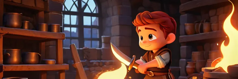 A young smith hammers glowing metal in a warm forge.