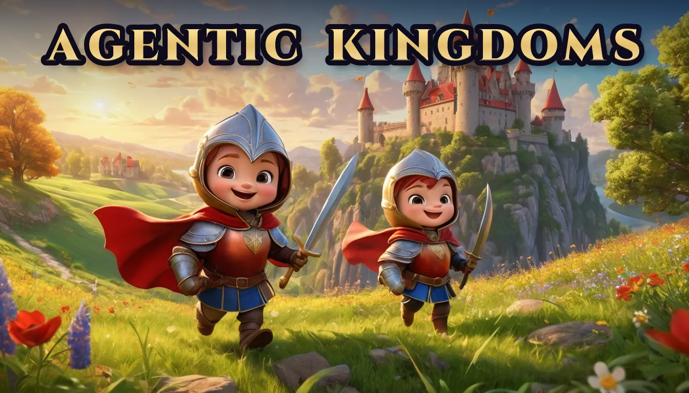 Agentic Kingdoms: two young knights with swords run across a flowering meadow below a hilltop castle.