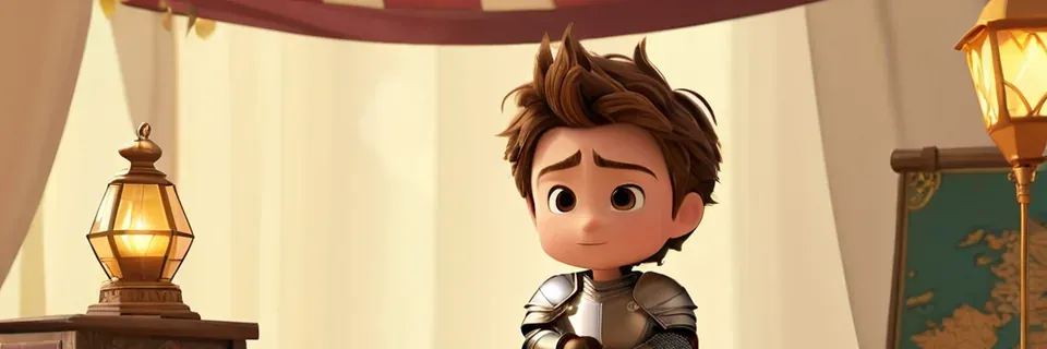 A young knight in armor stands in a lamplit hall.