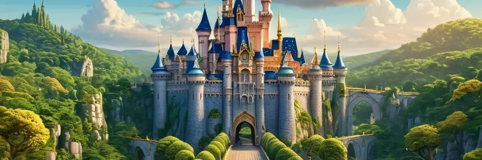 A fairy-tale palace with blue spires rises above a green valley.