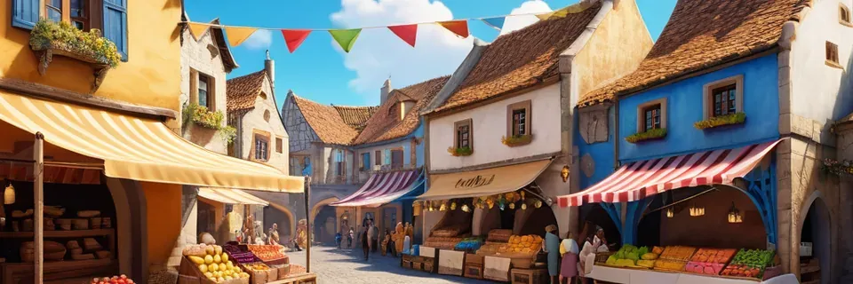 A busy market street with striped awnings and stalls full of goods.