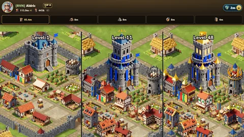 Screenshot: the town hall in three of its looks
