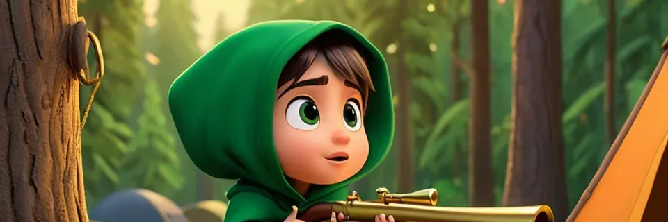 A scout in a green hood peers through the trees of a forest.