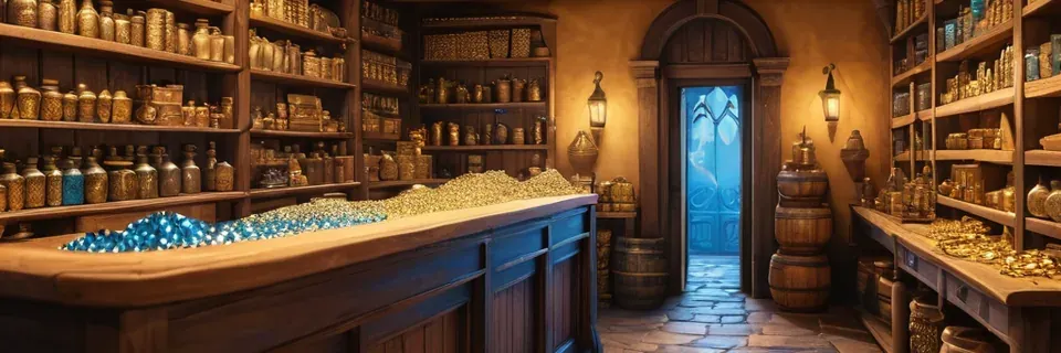 A shop counter stacked with blue gems, jars and shelves of goods.