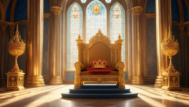 An empty golden throne in a sunlit hall, the crown resting on its seat.