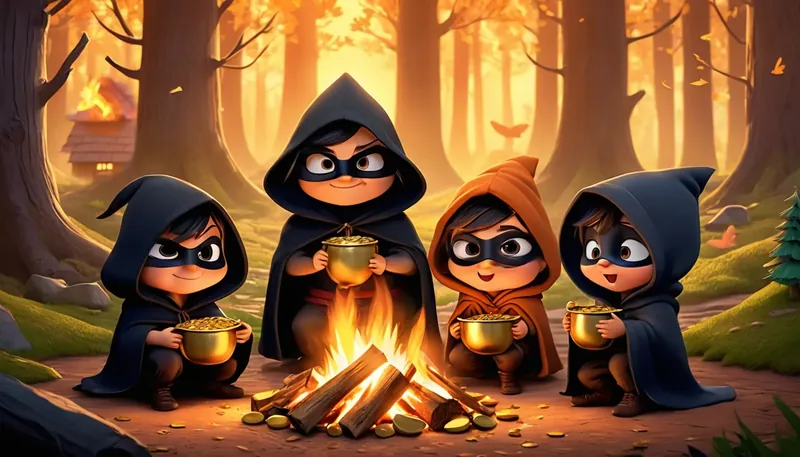 Masked bandits in hooded cloaks count gold around a campfire in the woods.