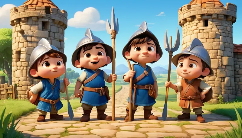 Four young guards with spears stand in front of stone towers.