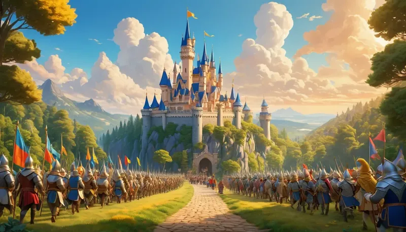 A great army marches along a road toward a castle with blue spires.