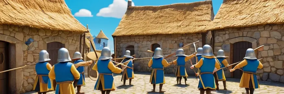 Soldiers in blue drill in a thatched barracks yard.