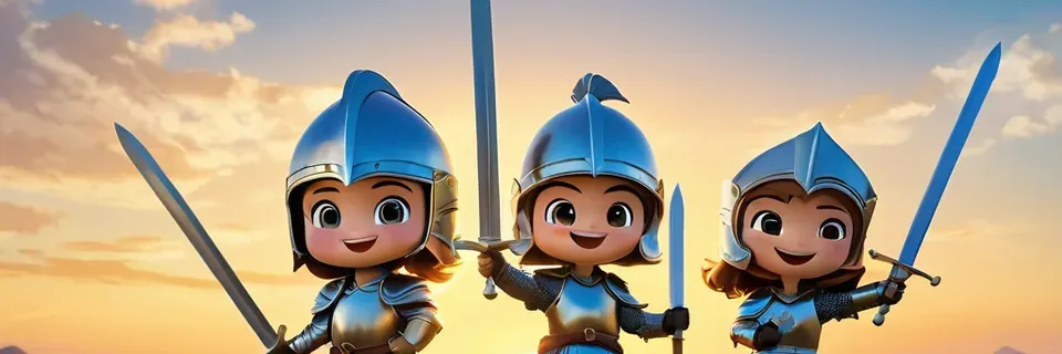 Three cheerful knights raise their swords at sunset.