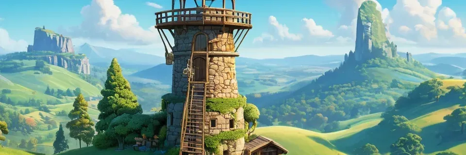 A stone watchtower overlooks green hills and a river valley.