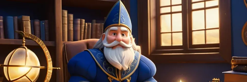 A friendly old scholar in a blue robe sits in a study full of books and a brass globe.